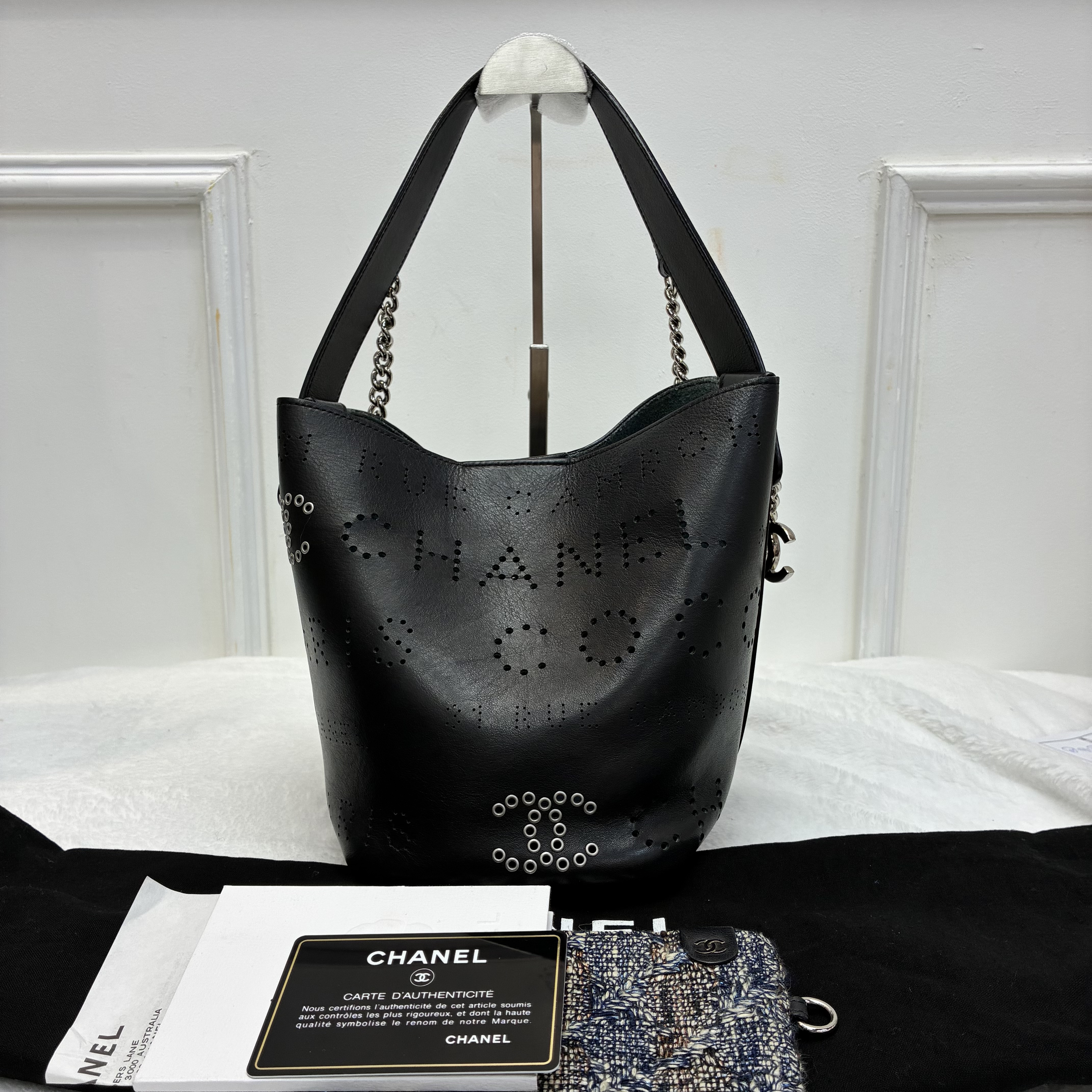 Chanel Small Perforated Calfskin Logo Eyelet Bucket Bag 香奈兒黑色穿孔小牛皮logo眼孔水桶包