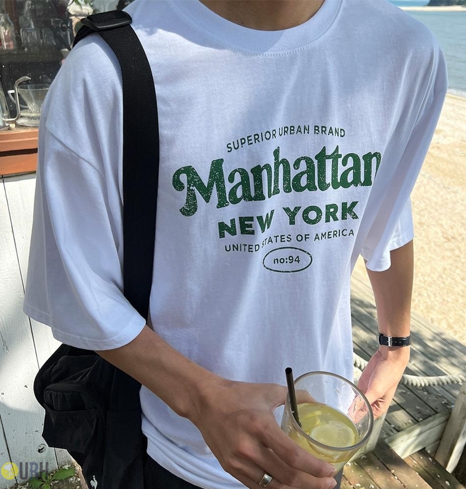 【100%保證韓國直送】Manhattan New York 復古美式街頭微縮字母綠色字體大印花寬鬆落肩圓領短袖Tee 👕 [3 color] RG165903
