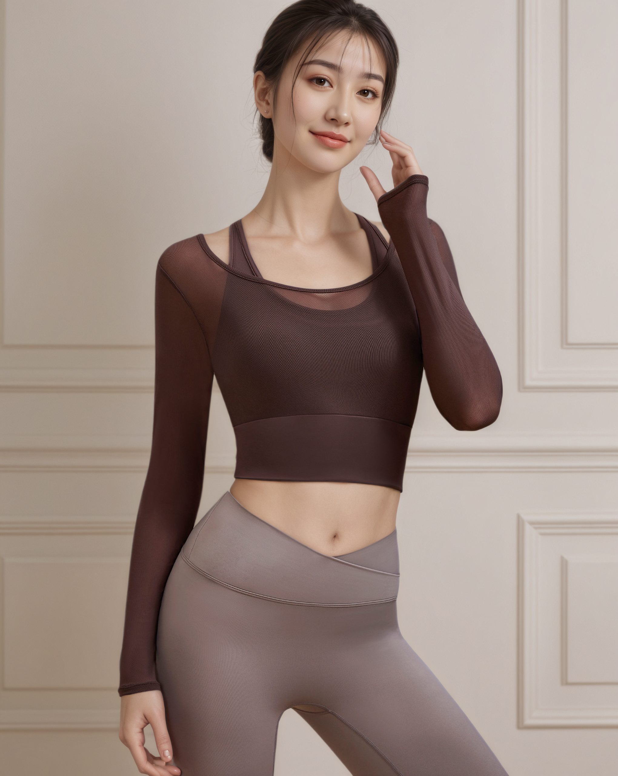 假兩件網紗瑜伽長袖上衣固定杯款