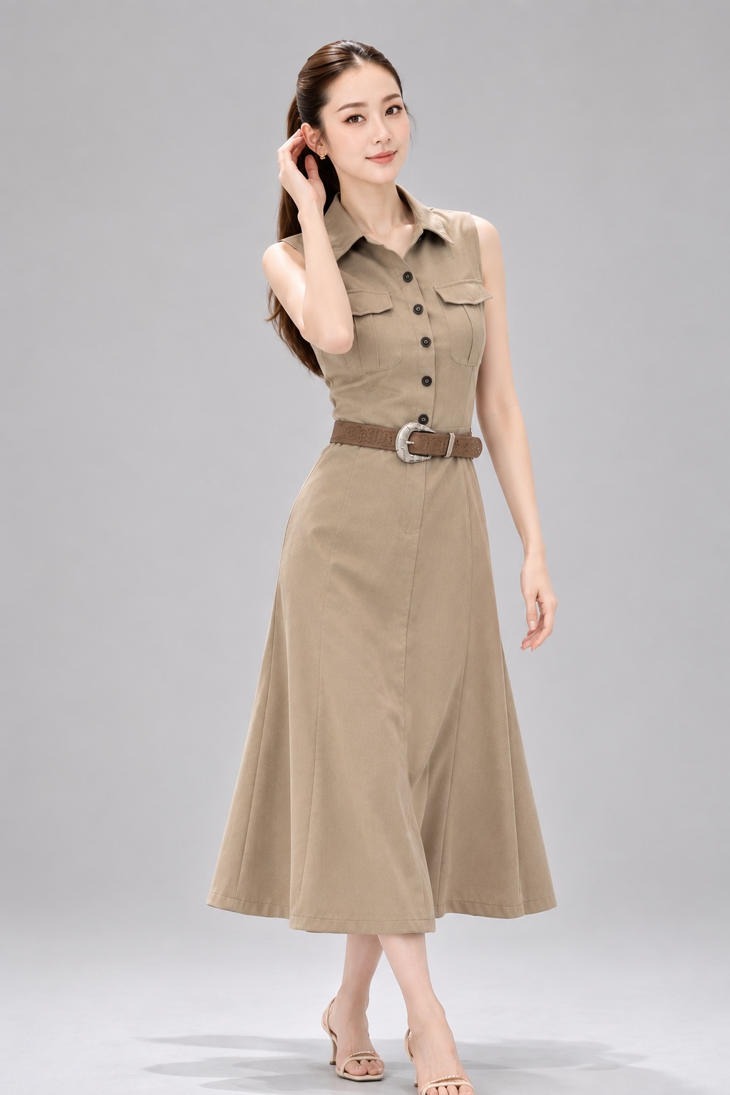 20908 Noir Belted Shirt Midi Dress