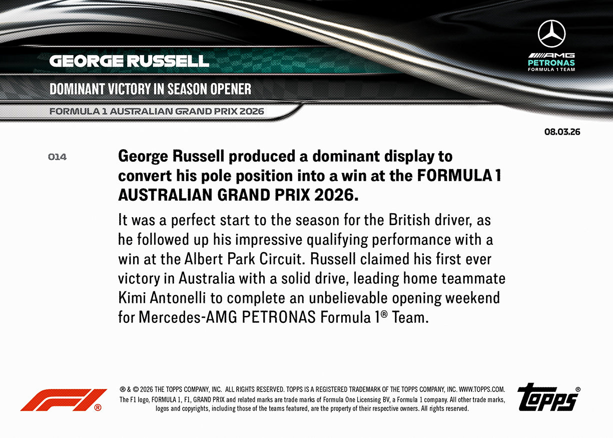 George Russell - 2026 F1 Topps NOW® #14 Australian GP 強勢贏得開幕戰｜PR 5,007