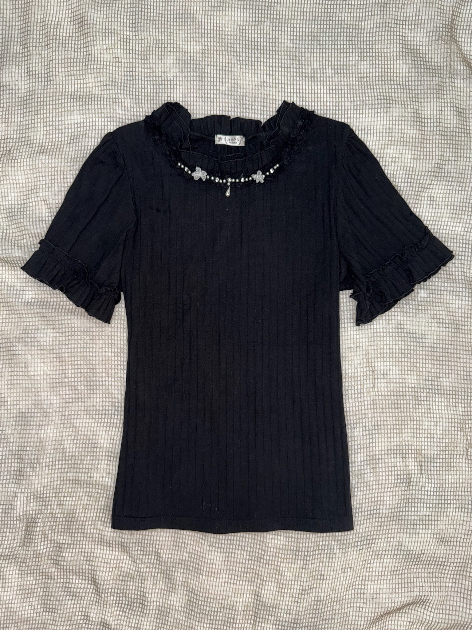 Axes Femme Ribbed Knit Top with Pearl & Bow Embellishments