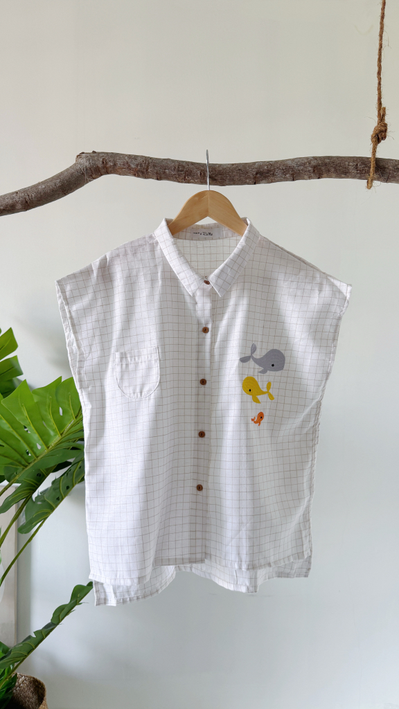 日系直肩鲸鱼刺绣衬衫