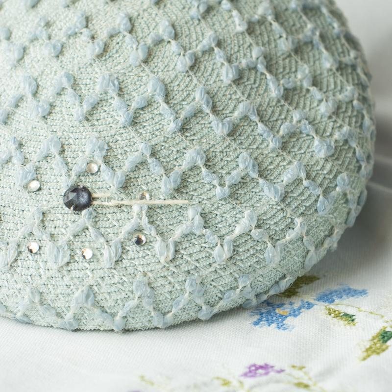 C.a. 1950-60s Vintage Light Cyan Lace Netting Small Saucer/Flat Hat from Canada(MT964)