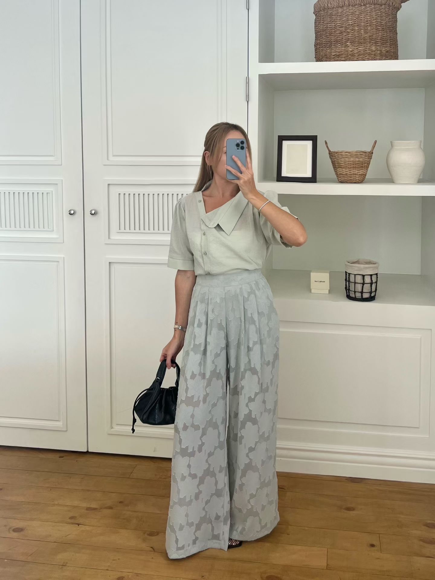 B15 印花透感鬆緊寬褲