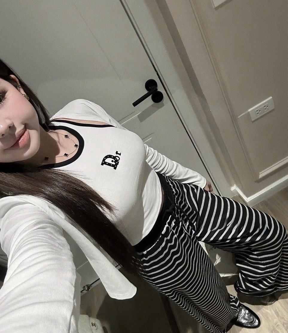 長袖上衣两件套搭配條紋褲 （三件套）