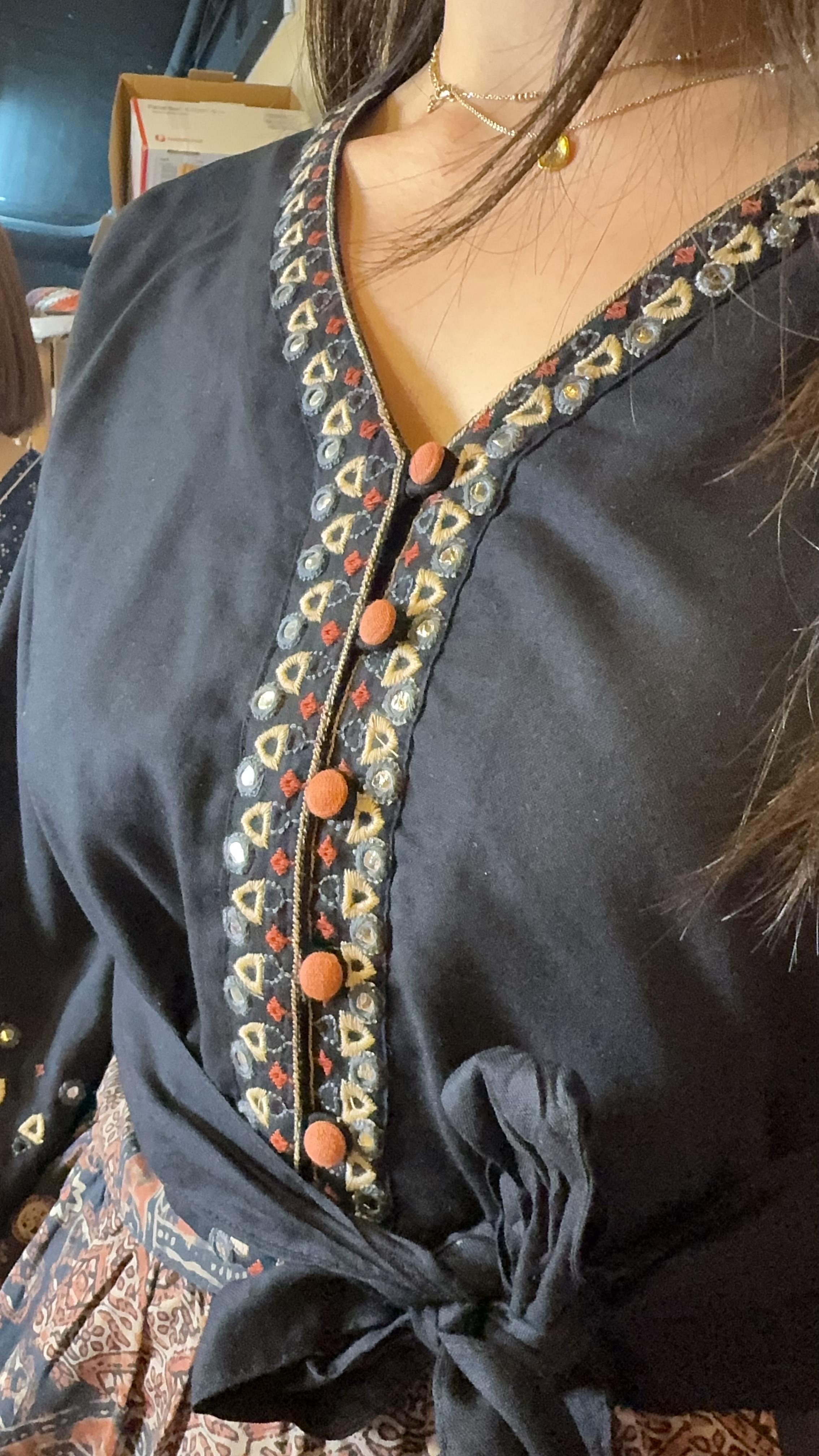 Black V-neck Emb. Top #1384