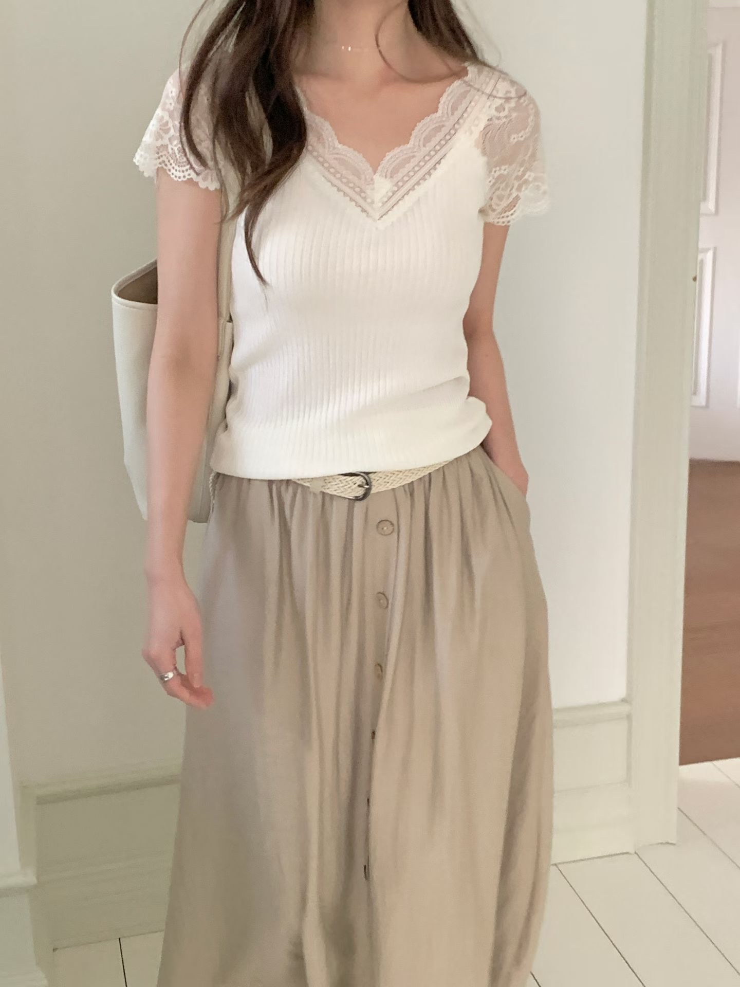 CT27 浪漫名媛風 U 領蕾絲針織Top