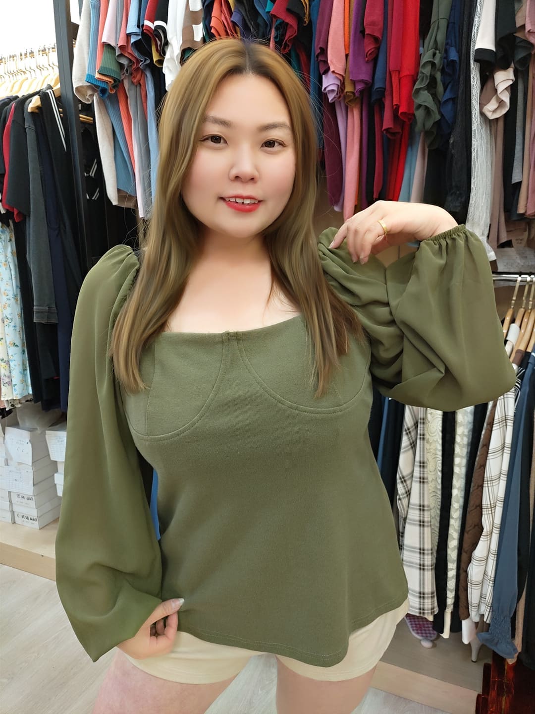 NBC10 TW#1032A 单色方领雪纺长袖上衣（颜色随机⚠️）（胸围110-120CM）