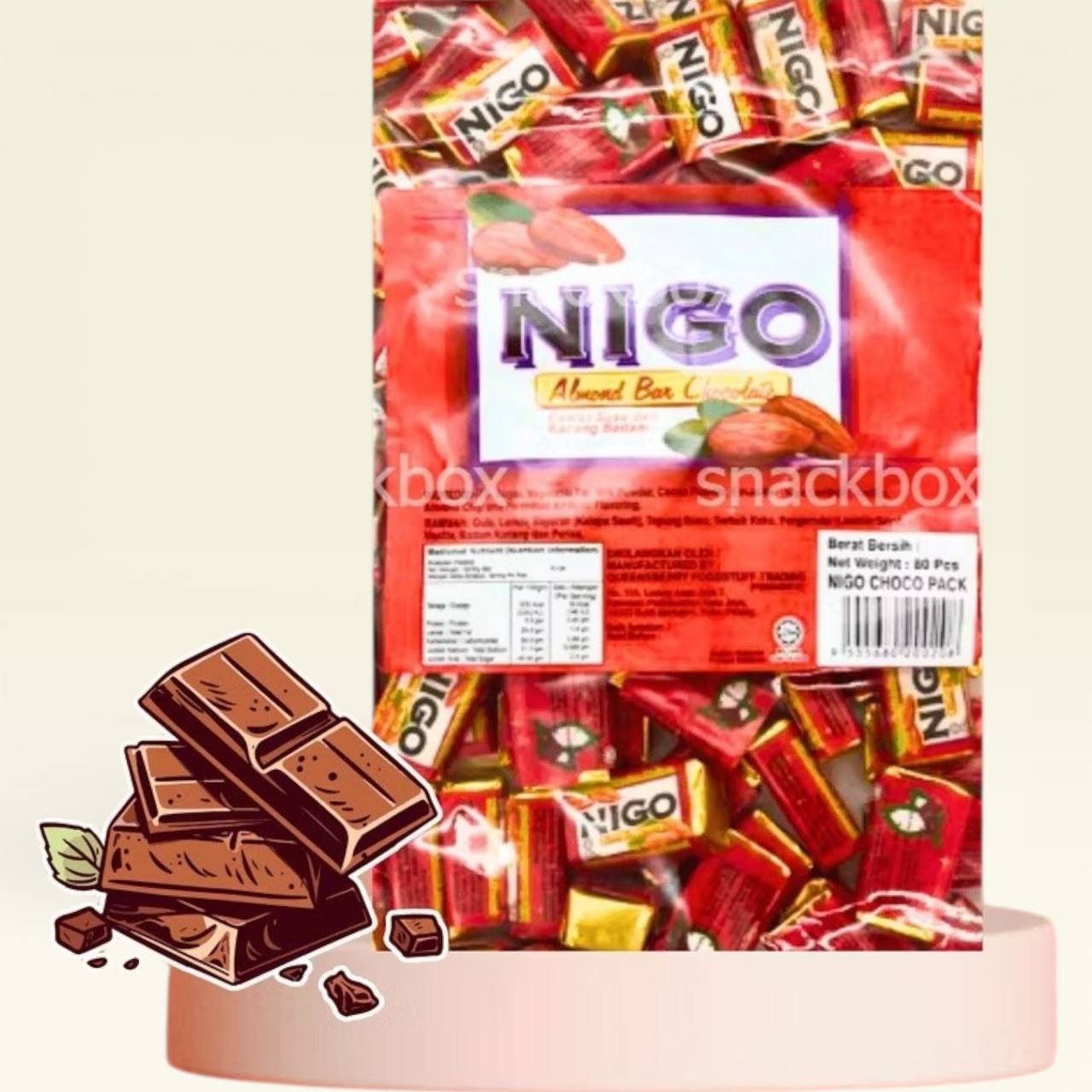 Nigo Almond Bar Chocolate Coklat Susu dan Kacang Badam 80pcs