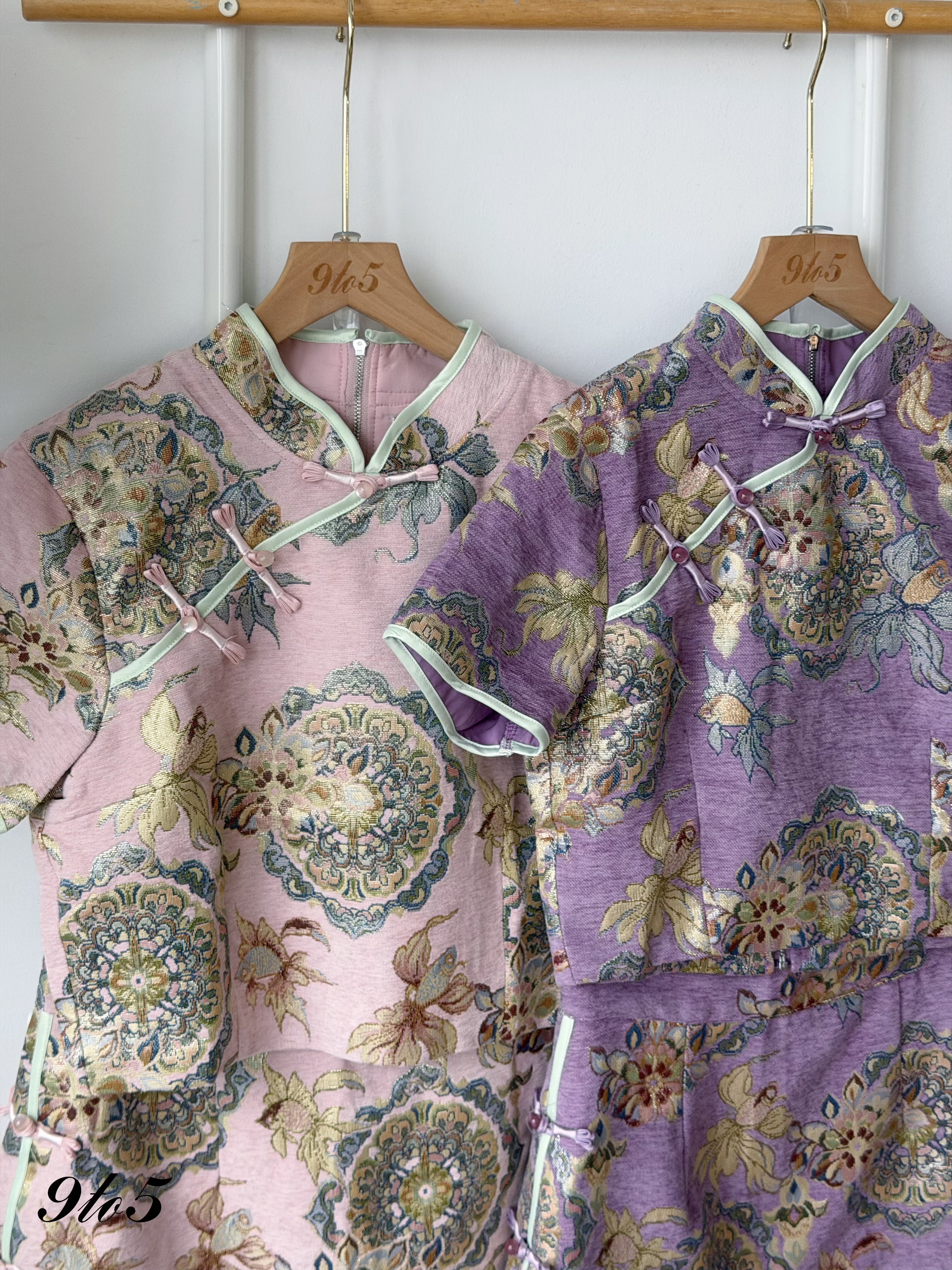 D2380 Floral Jacquard Cheongsam Set - Pink & Purple