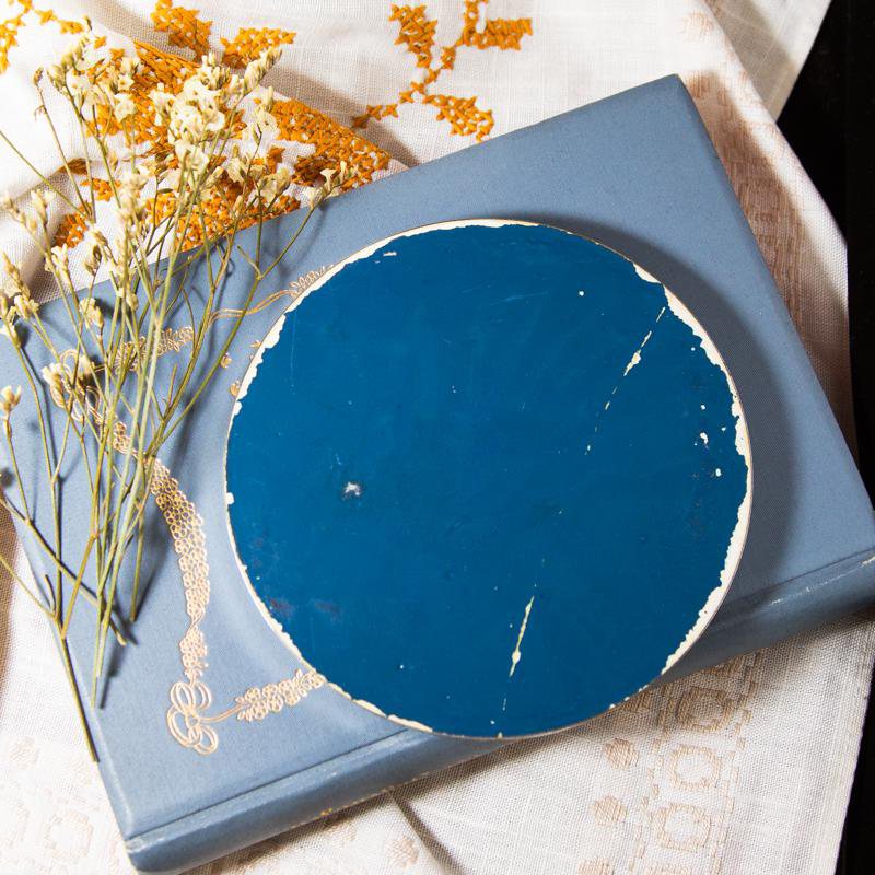 Vintage Czechoslovakia Intaglio Cut Grape Pattern Blue & Silver Glass Round Mat / Large Coaster(CB118)