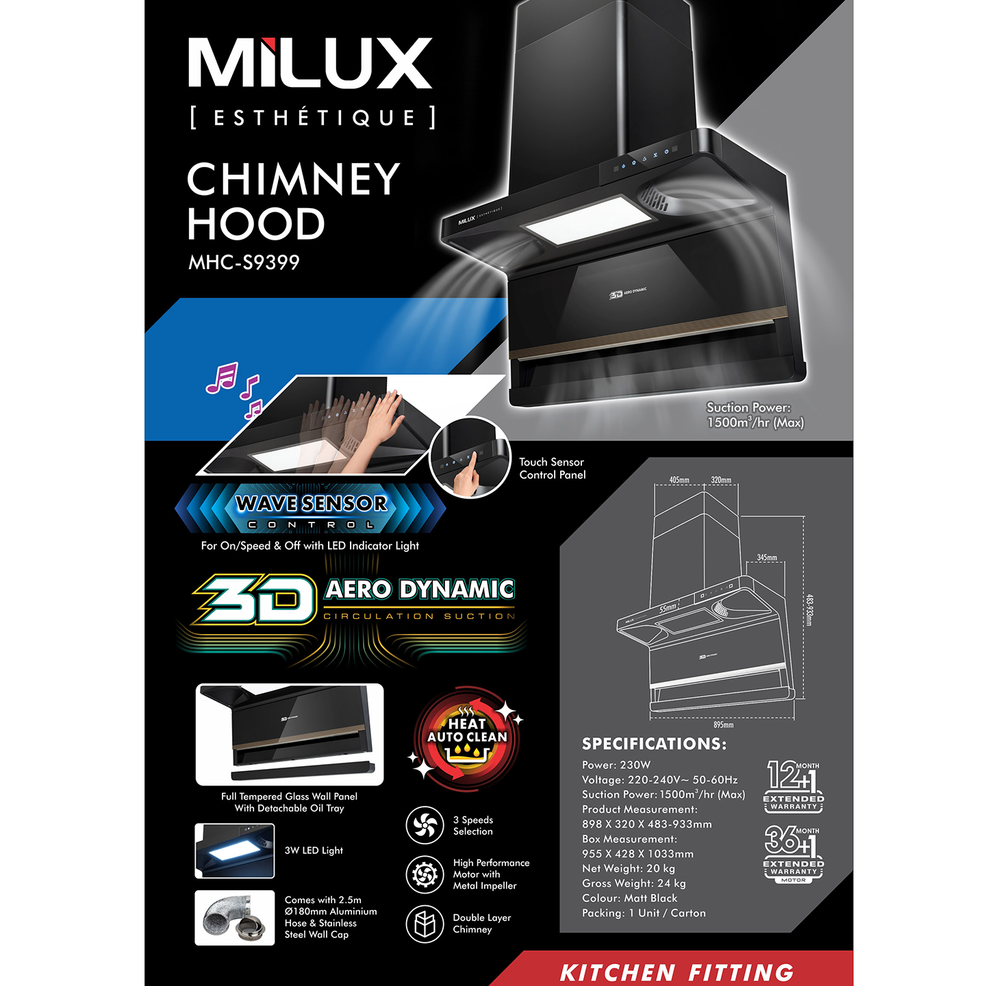 Milux 1500m³/hr Heat Auto Clean Chimney Hood (MHC-S9399)