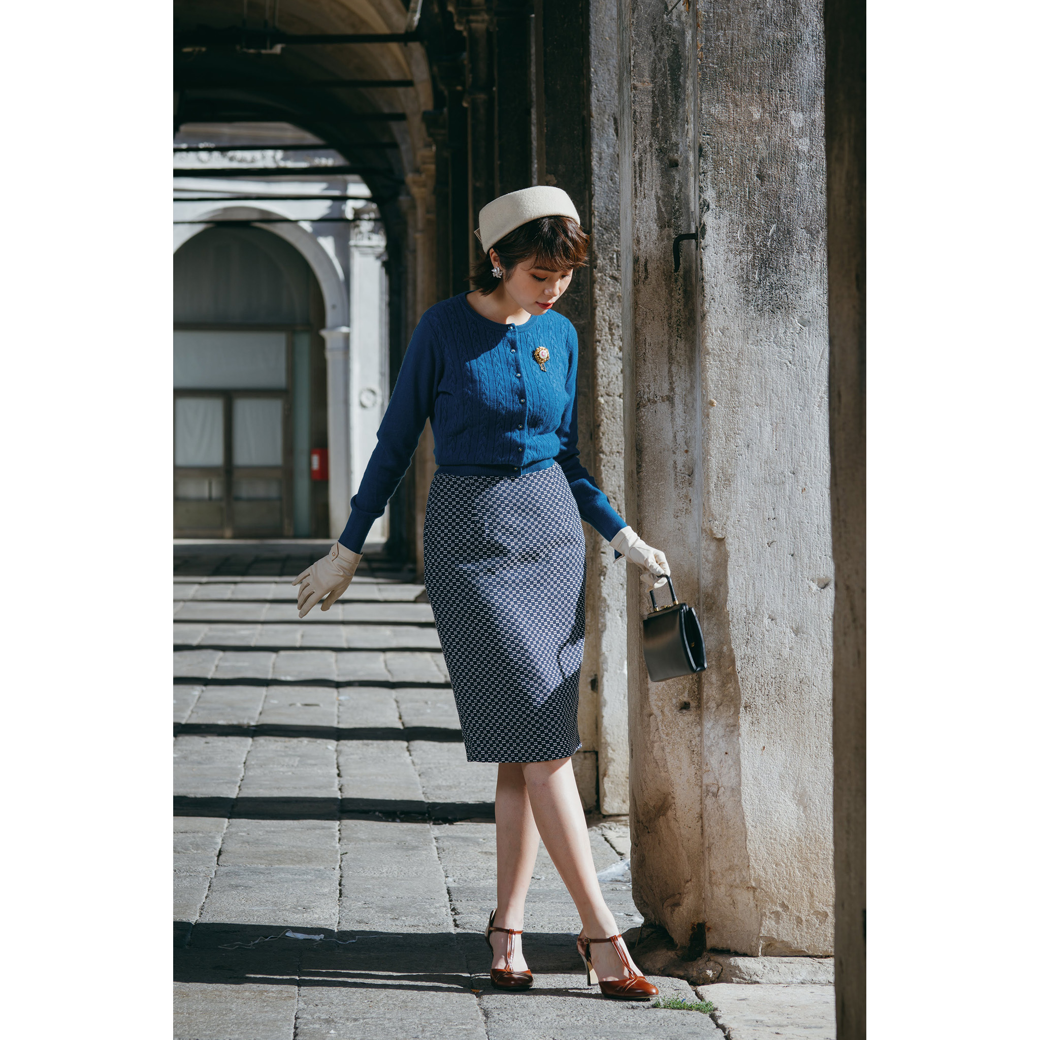 (Ready-Made)1950s Style Peakcock Blue Cashmere Cardigan(FM094)