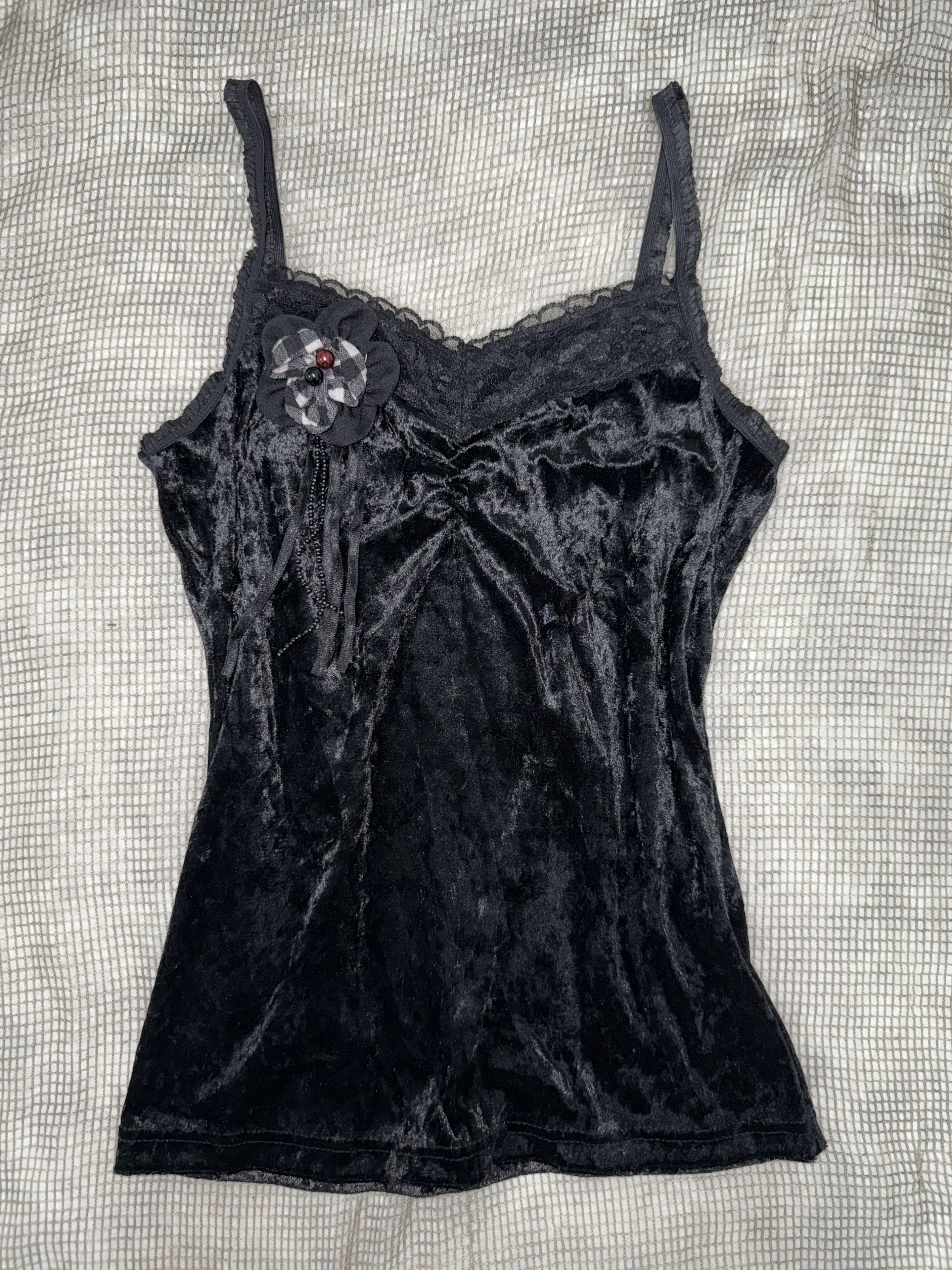 Midnight Gothic Petal Velvet Lace Trim Tank Top