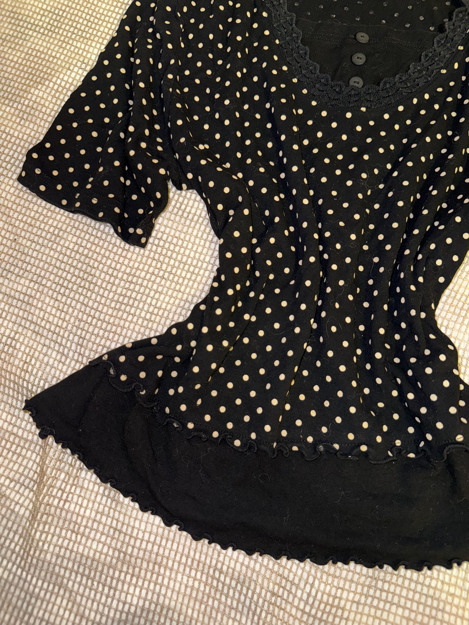 Polka Dot Peplum Top with Lace Trim