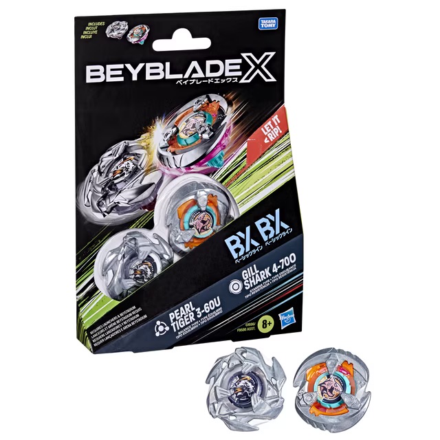 【暴力強攻/魔幻變軌】爆旋陀螺 X 吉爾鯊魚 + 皓戰猛虎 Beyblade X Gill Shark 4-70O & Pearl Tiger 3-60U Dual Pack Set 