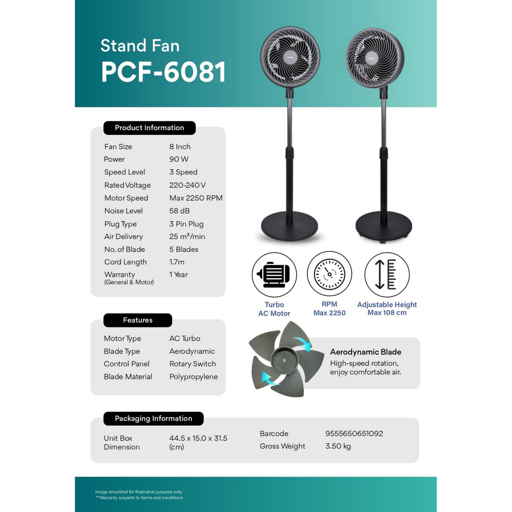 Phison 8" Circulation Stand Fan (PCF-6081)
