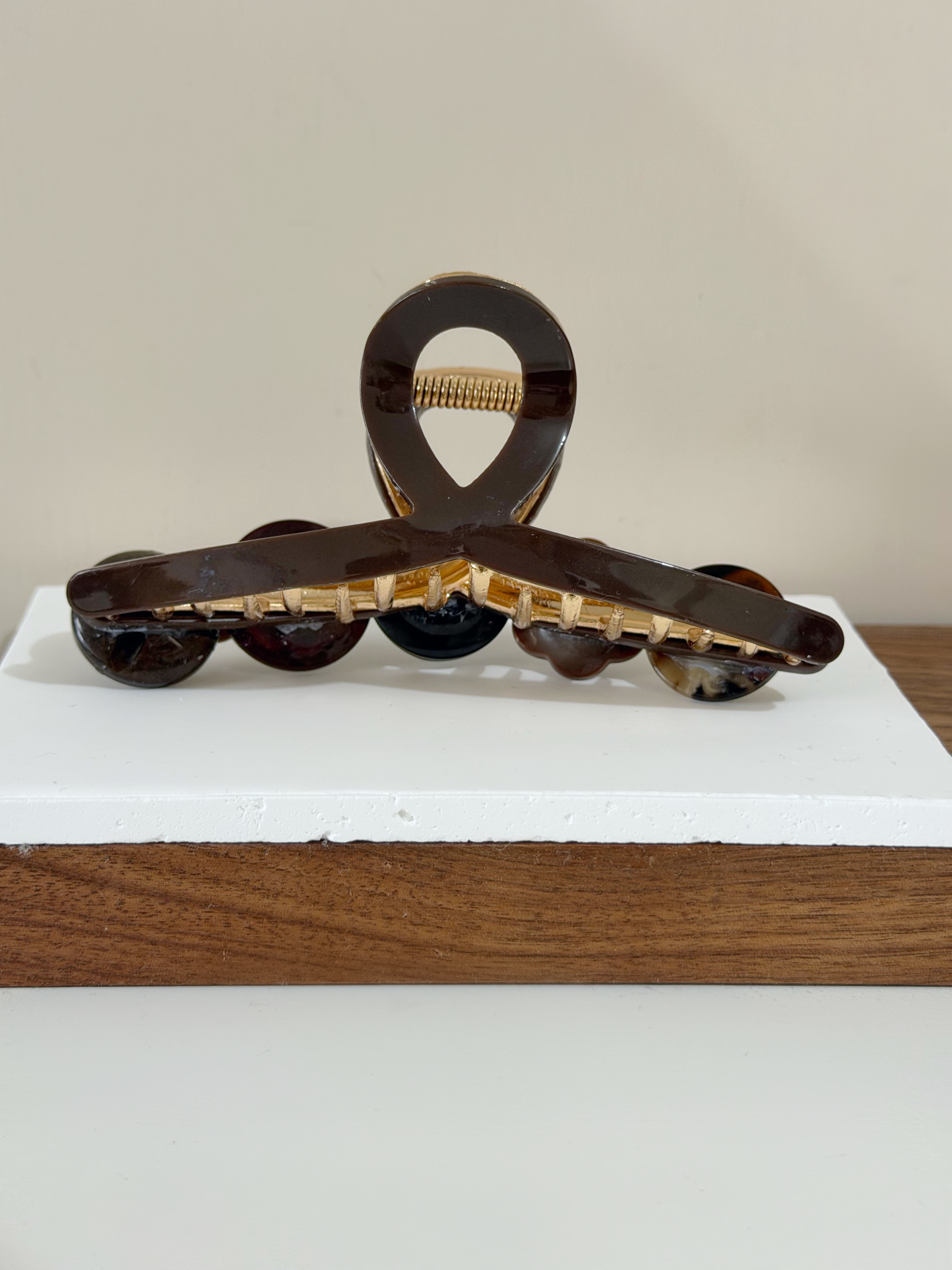 復古鈕扣髮夾/啡橙色系 12cm長