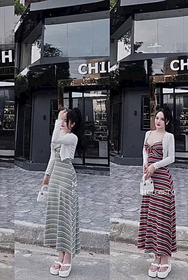 條紋緊身洋裝配白色開襟衫
