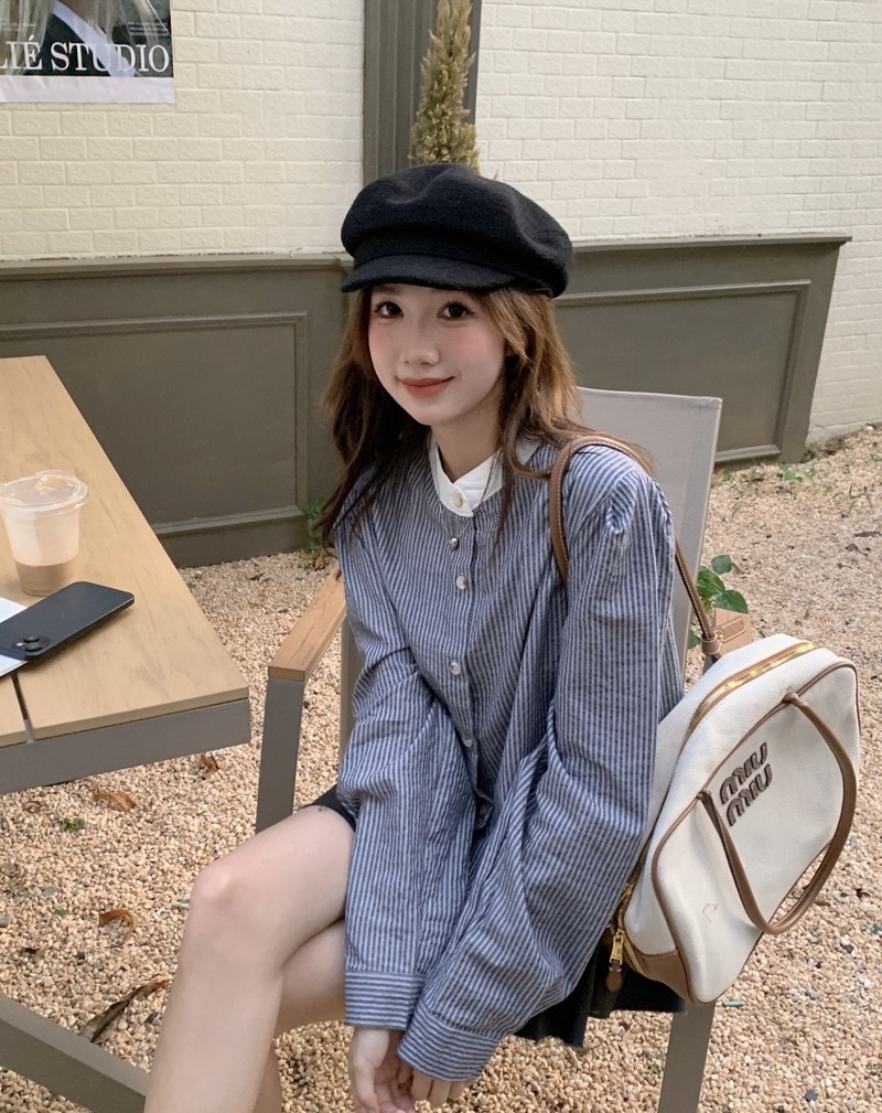 撞色气质韩系条纹衬衫