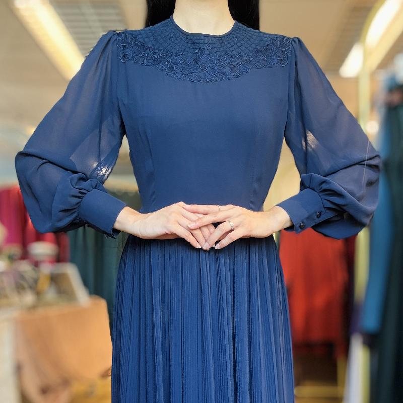 Vintage Japanese Neckline Embellished Navy Blue Day And Night Dress (PP001-14)