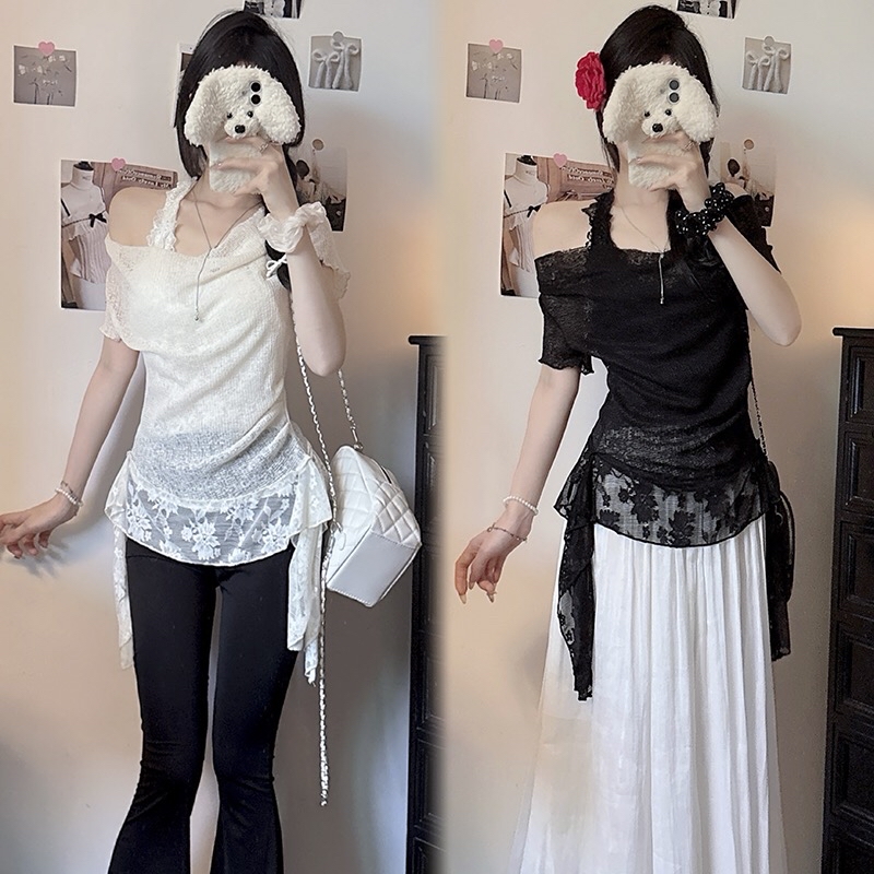 B162(9911) 法式甜美风全蕾丝挂脖设计感假两件飘带边黑杏上衣