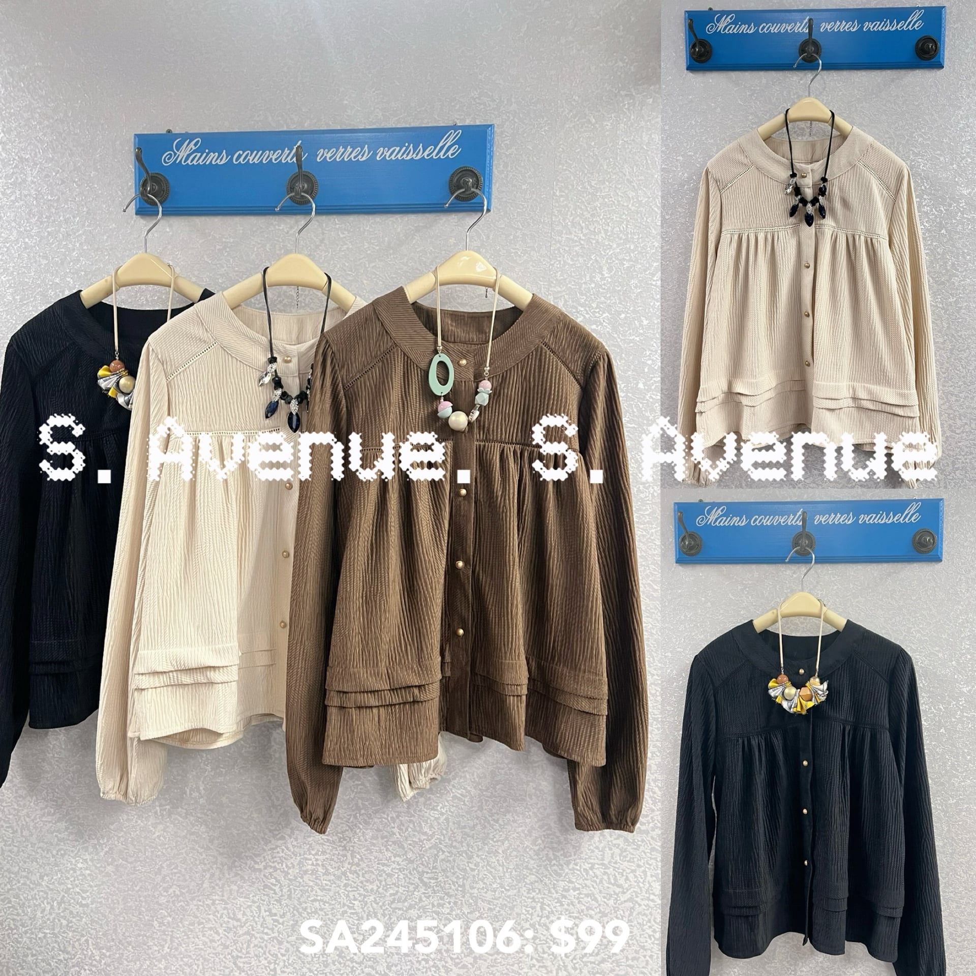 SA245106: 長袖前有鈕圓領娃娃型喇叭袖顯瘦top