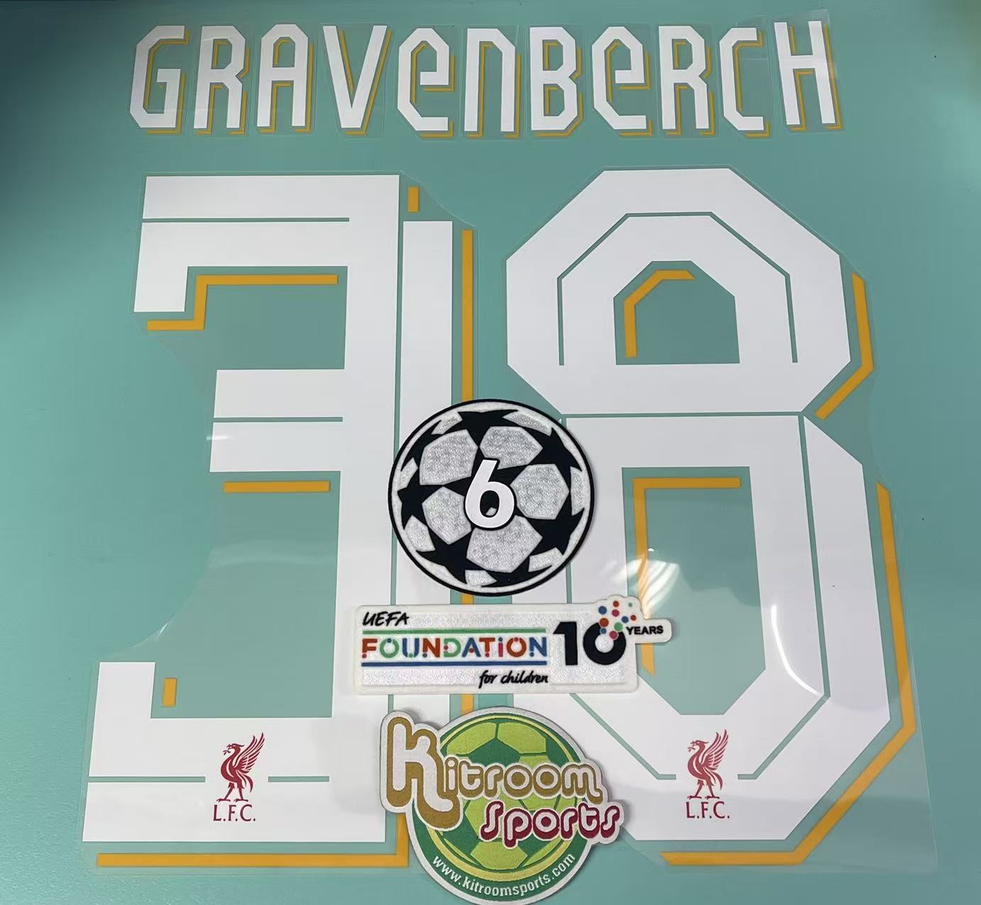 2025-26 Liverpool Home UCL Nameset #38 GRAVENBERCH + 6 UCL + Foundation Patch