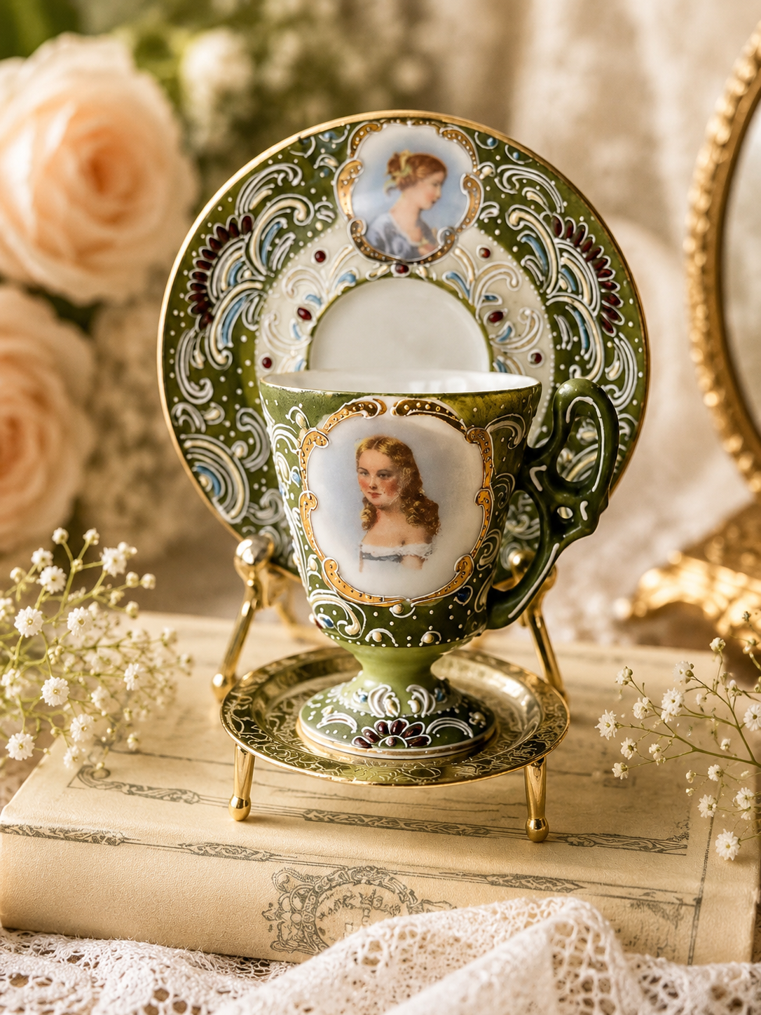 C.a. 1940-50s Ardalt Japan Handpainted Pattern Lady Portrait Demitasse / Expresso Cup Set Duo (MT2466)