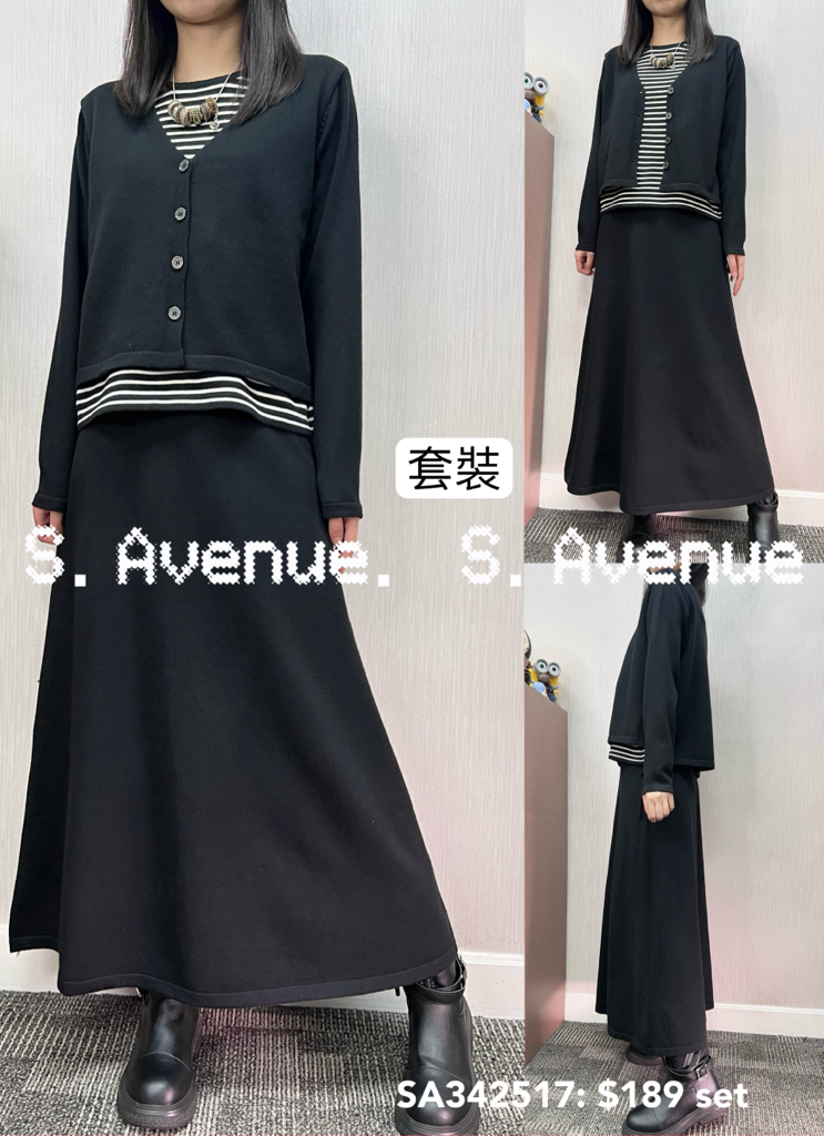 SA342517: 長袖間條假兩件上衣加A字長裙套裝