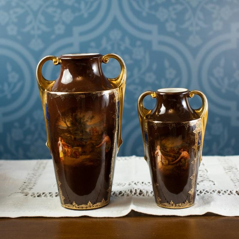 Vintage Mid-Century Czechoslovakian Renaissance Painting Style Porcelain Vase Pair - H16cm/H12.5cm (MW105 & 106)