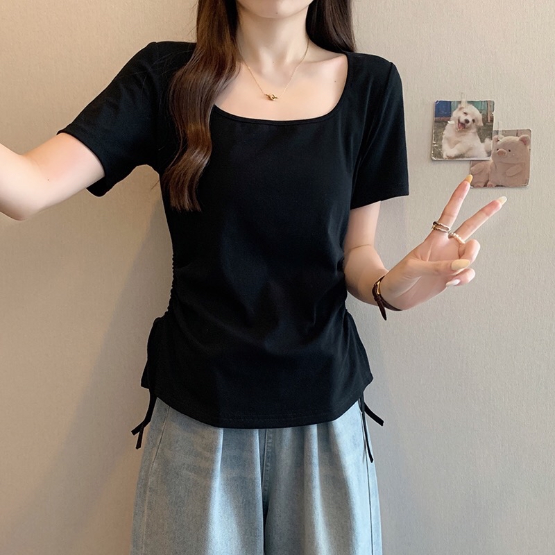 B233(A1868) 韩版休闲风U领双边腰抽绳显瘦4色上衣