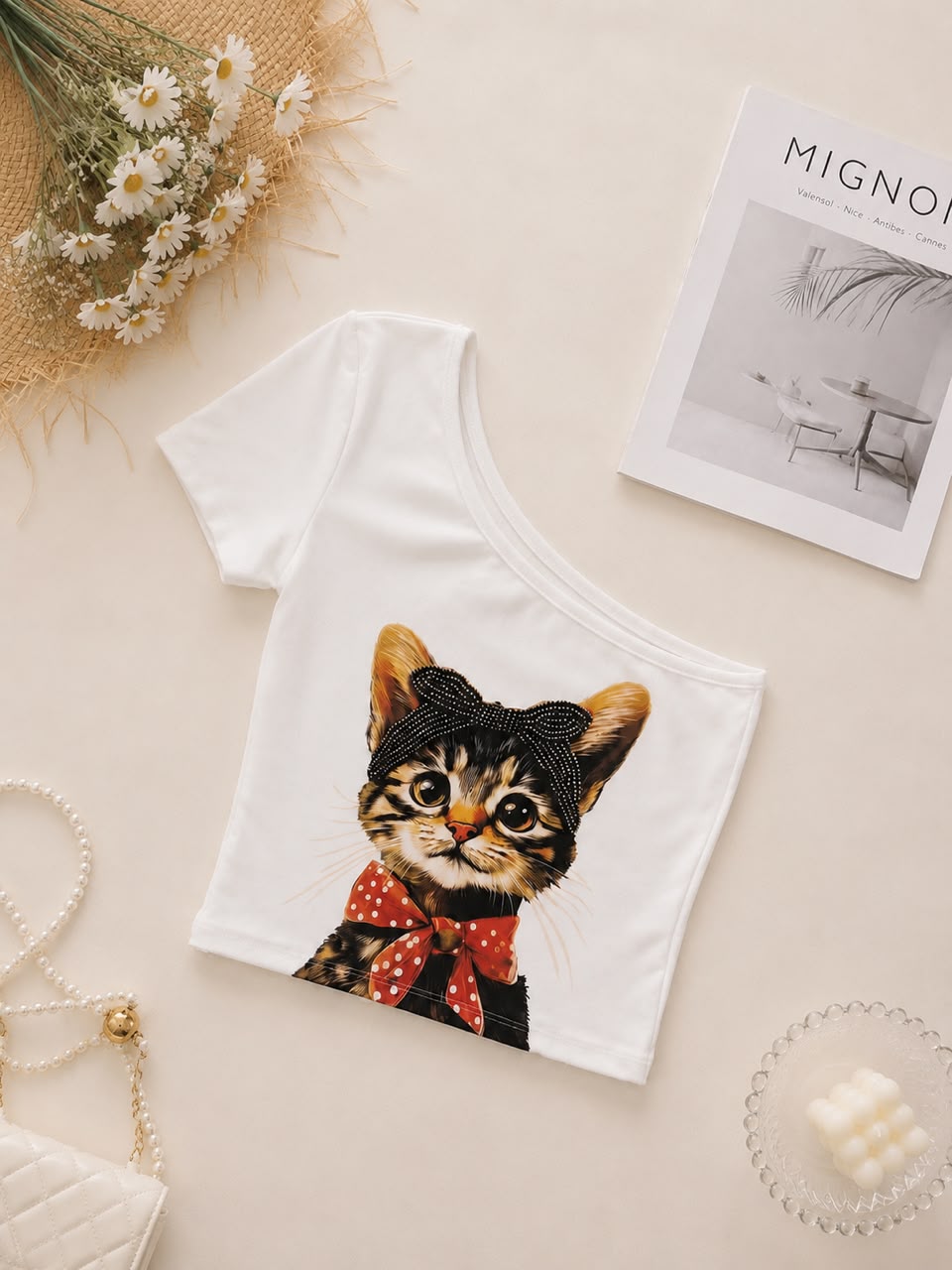 A100411 Korean Cat Print One Shoulder Crop Top