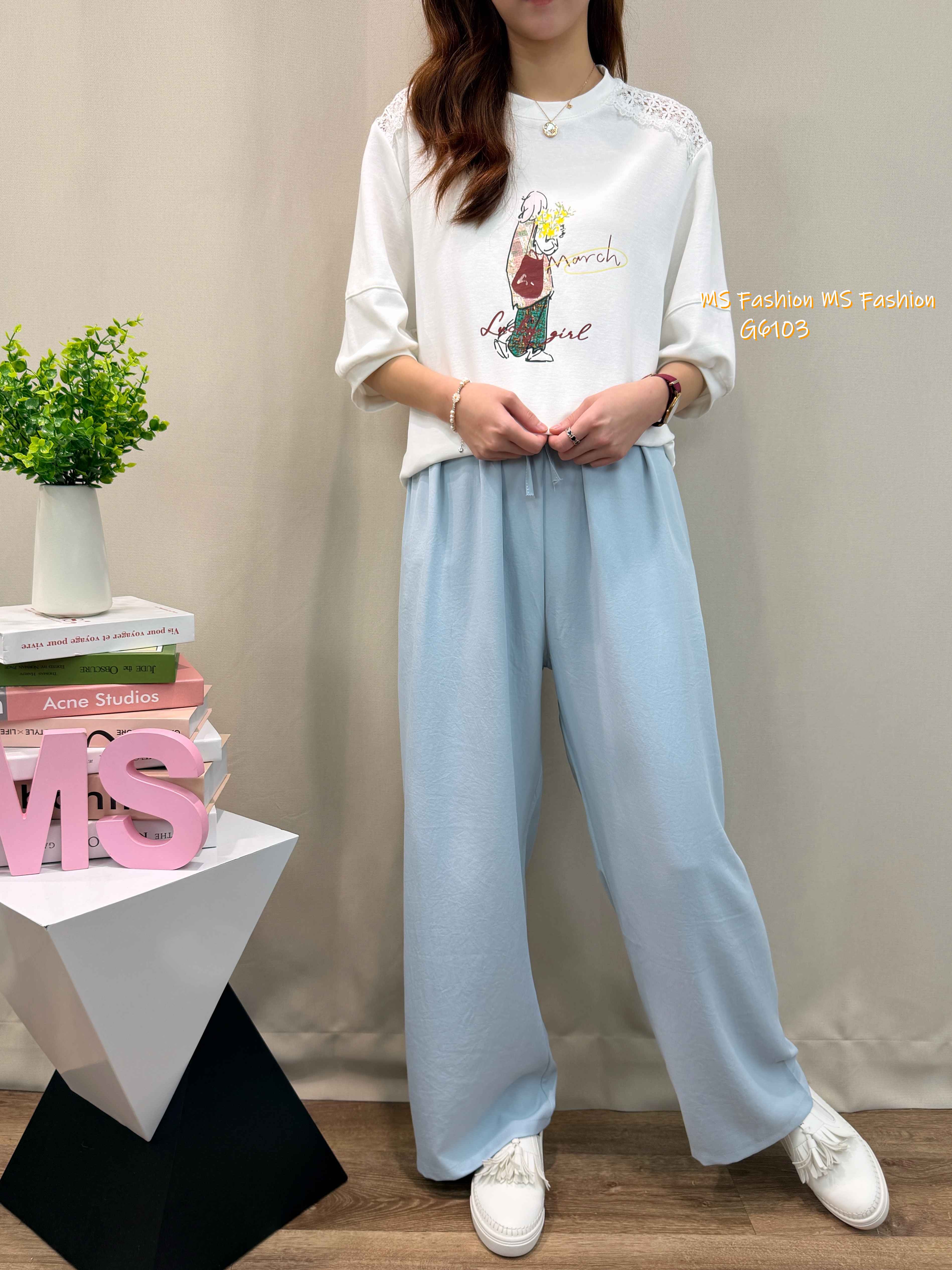 G6103 韓國🇰🇷靚print肩通花top