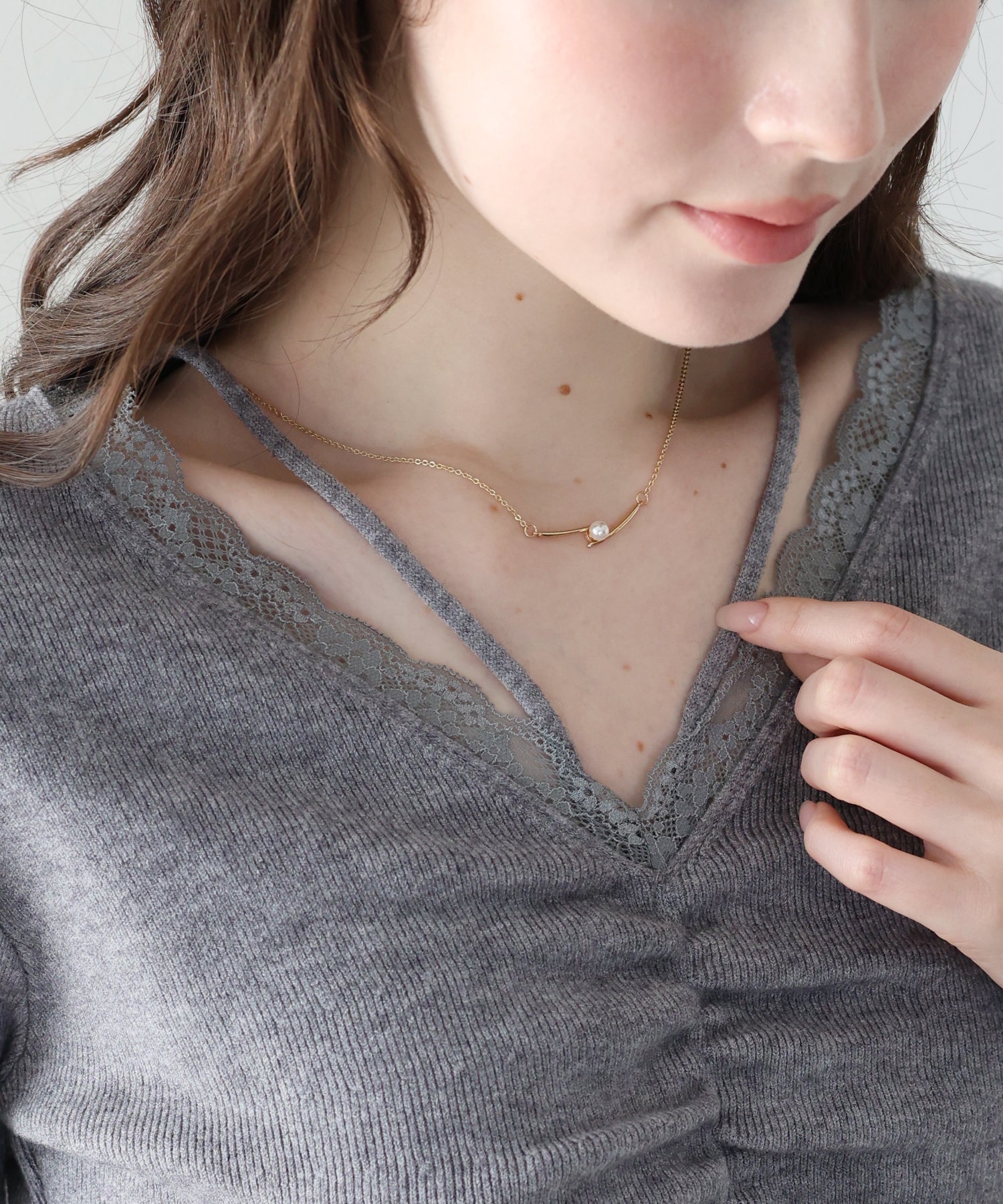 <JP> 蕾絲 v 領雙肩帶褶皺 Knit * 3色入 <預購>