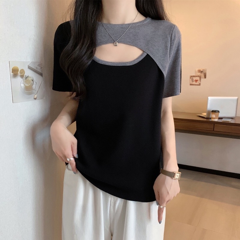 B02(882) 韩版气质拼接撞色肩袖前部镂空灰杏针织上衣