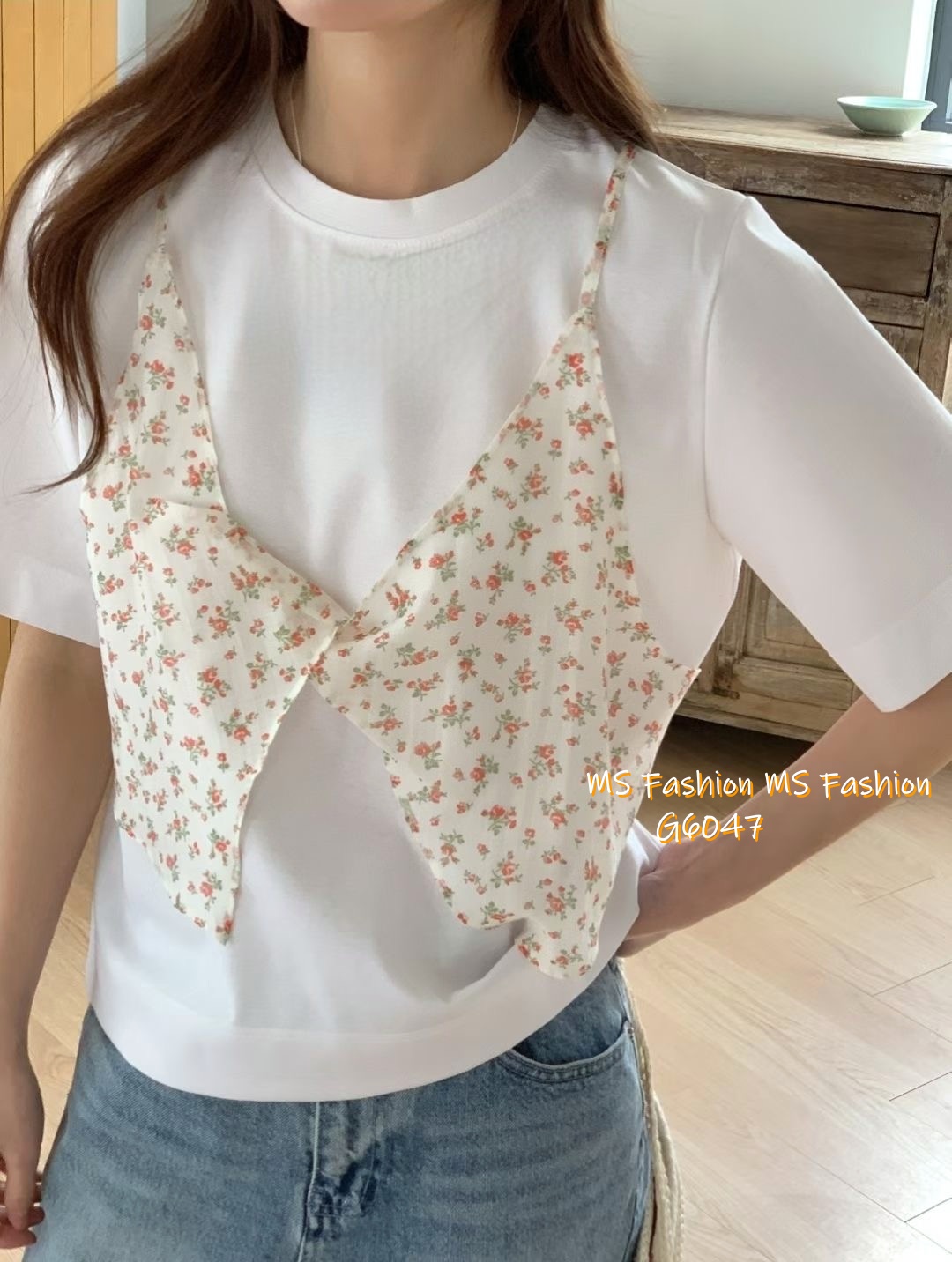 G6047 韓國🇰🇷假兩件拼碎花布top