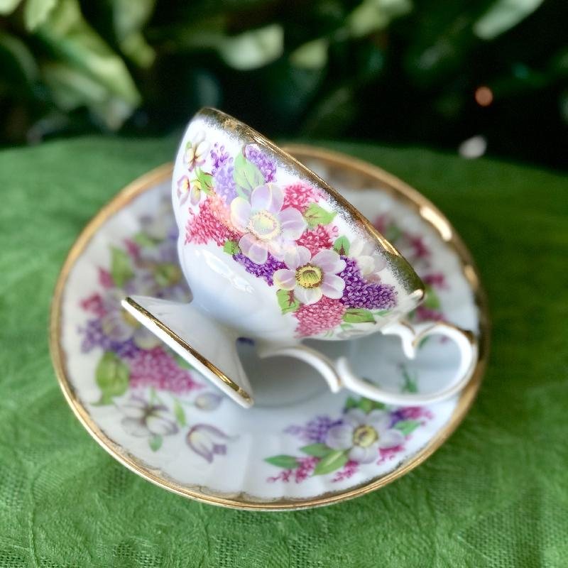 C.a. 1950-60s Japanese Shafford Hand Decorated Pink & Purple Footed Tea Set Duo (MT1682)
