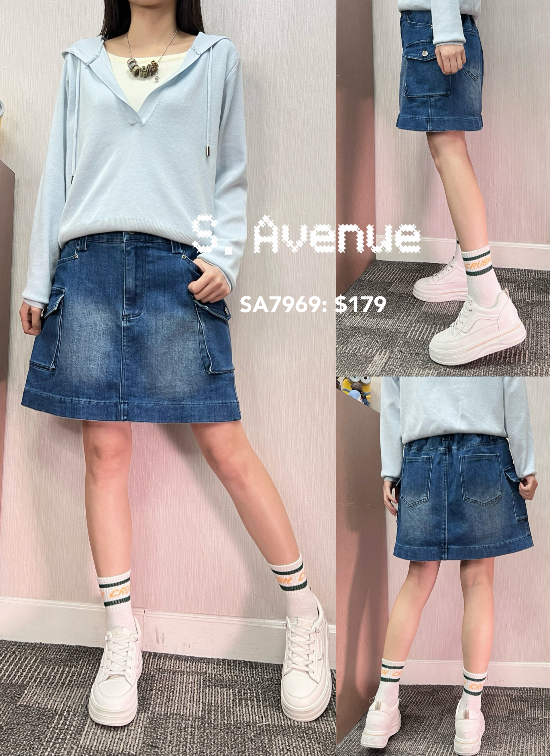 SA7969: 後橡筋腰前有鈕和拉錬側軍袋牛仔裙