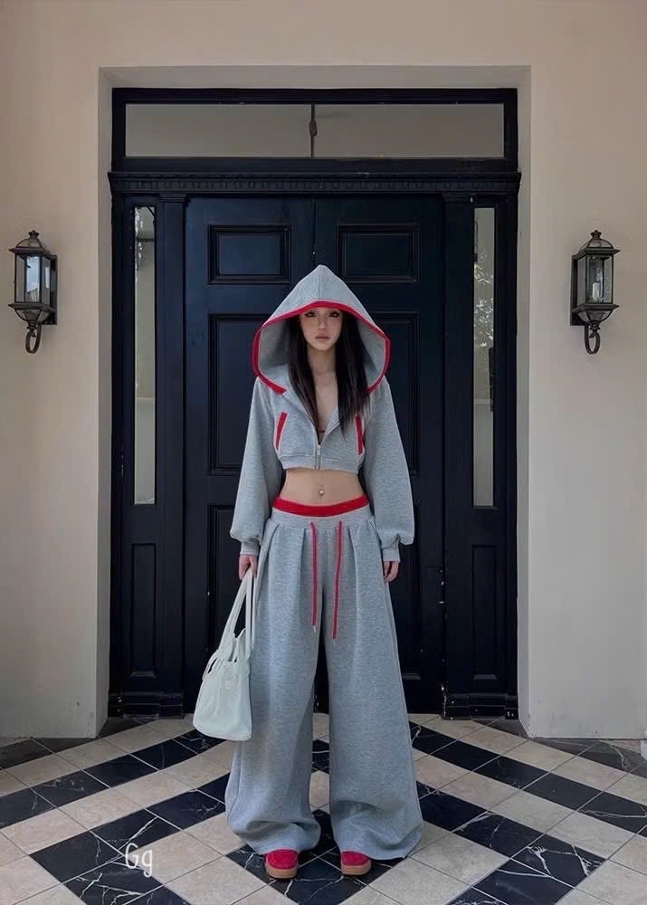 灰色和紅色长裤辣妹套裝