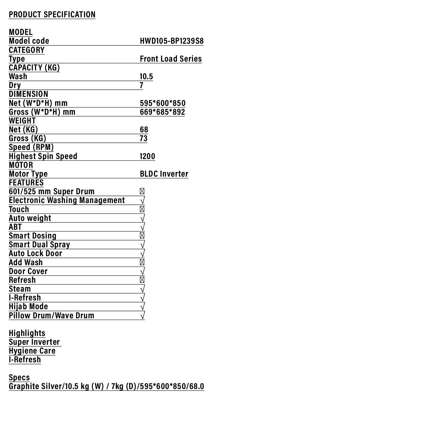 Haier 10.5kg/7kg Inverter Washer Dryer (HWD105-BP1239S8)
