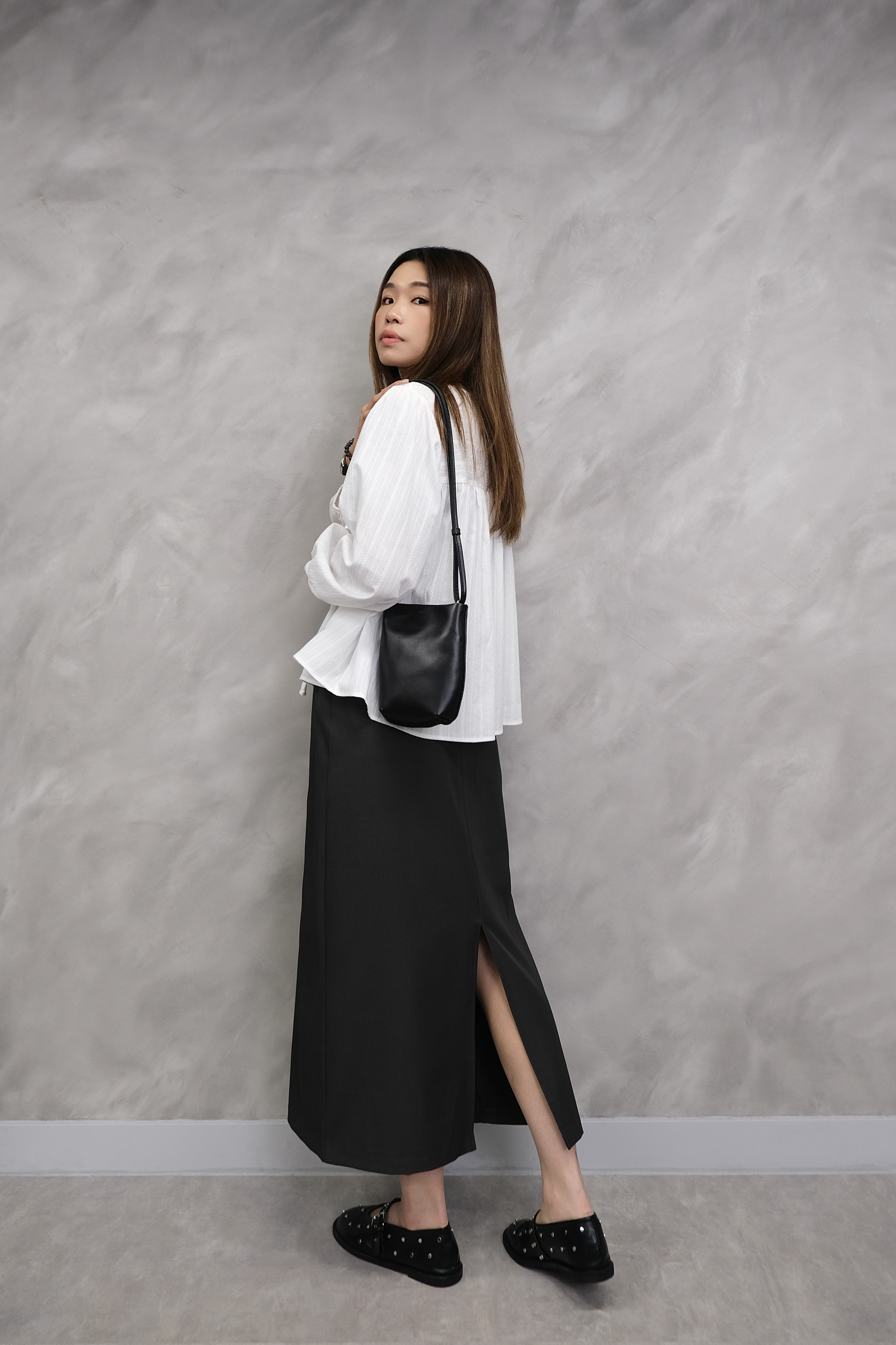 Metal Stud High-Waist Midi Skirt #sk51