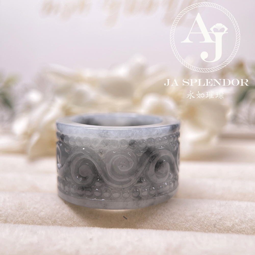 JR-199 天然翡翠A玉 烏鷄芝麻復古回紋雕花扳指