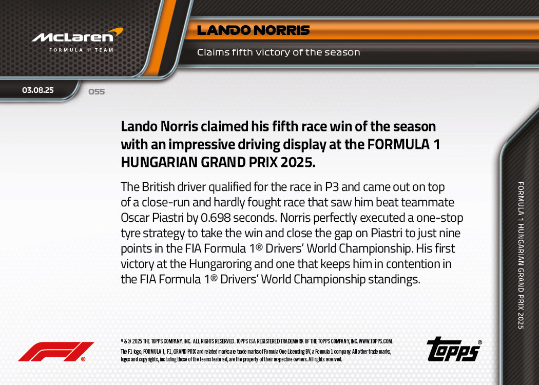 Lando Norris - 2025 F1 Topps NOW® #55 Hungarian GP 贏車卡｜PR 2,493