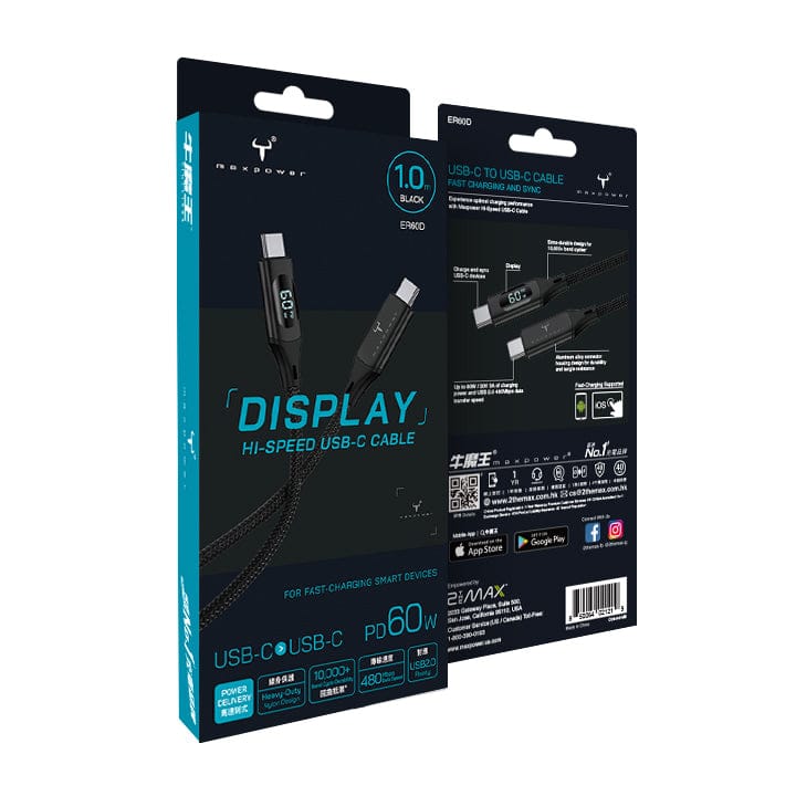 Maxpower ERKID 1.0m 黑色 USB-C 轉 USB-C 數據線，支援快速充電和同步