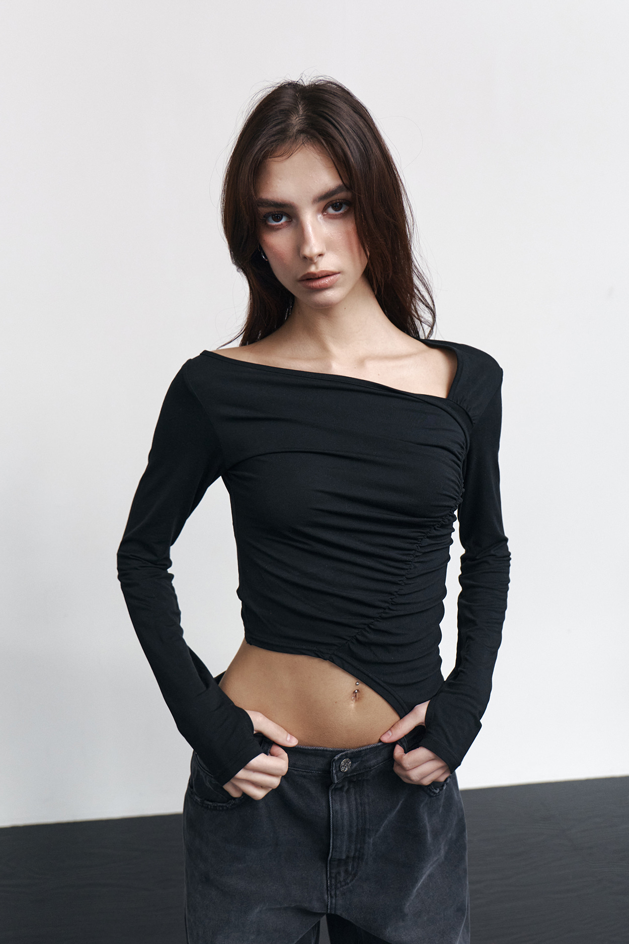 pleaseNOFOLLOW - Sadie Unbal Shirring Long Sleeve Top (Black)
