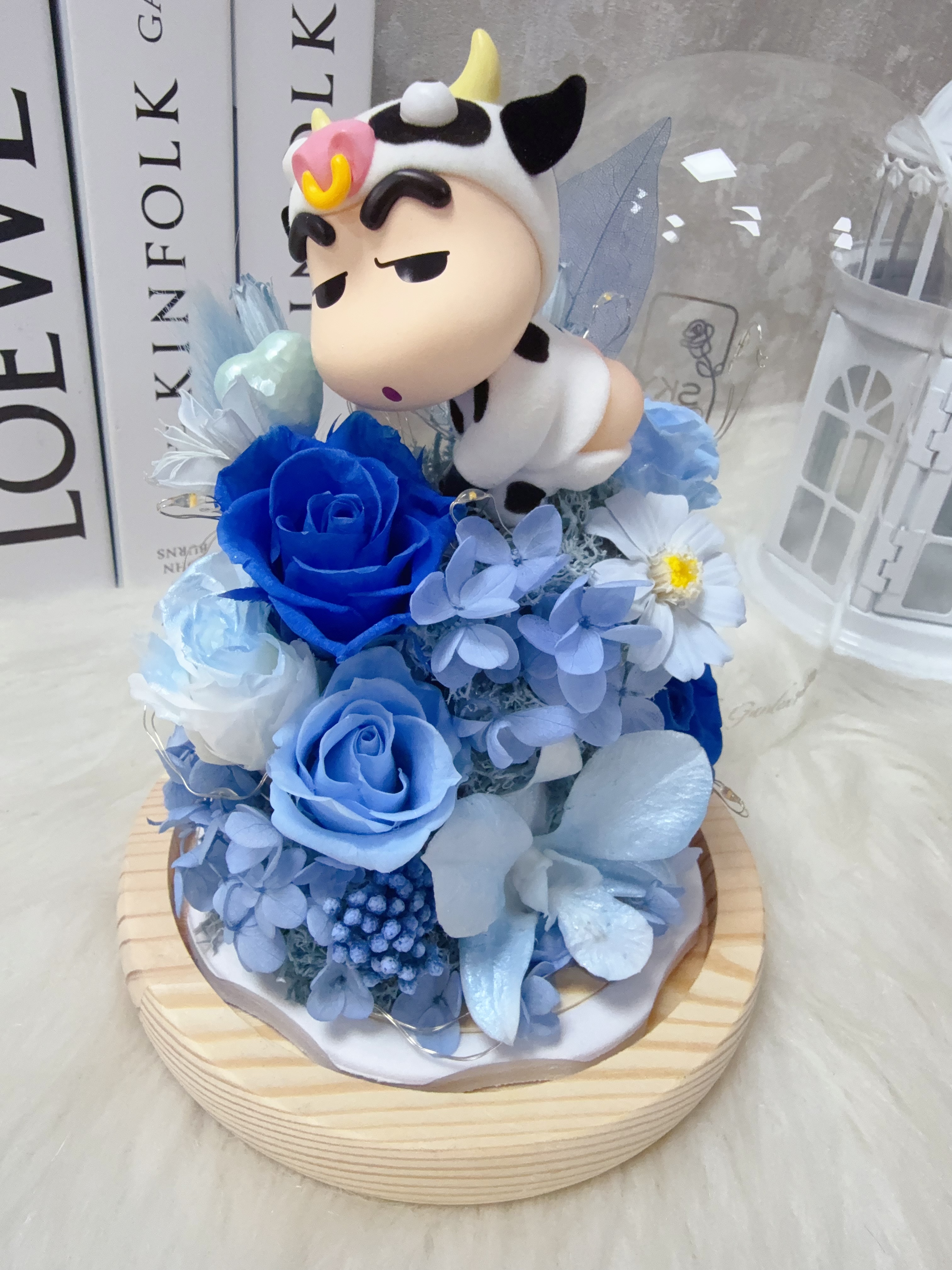 牛牛小新屁屁藍色永生花玻璃罩