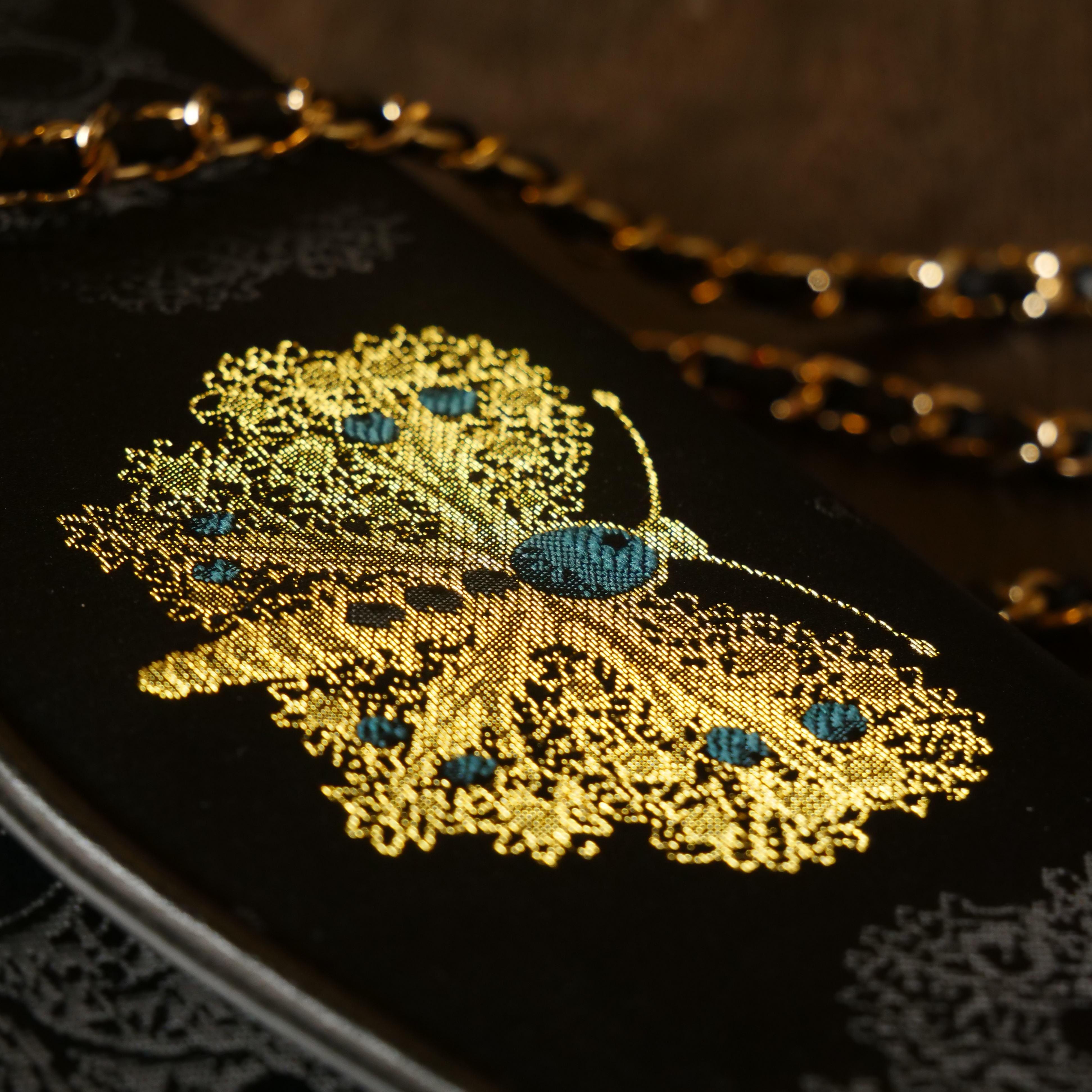 宋錦∞黑金綠蝴蝶牛皮手袋