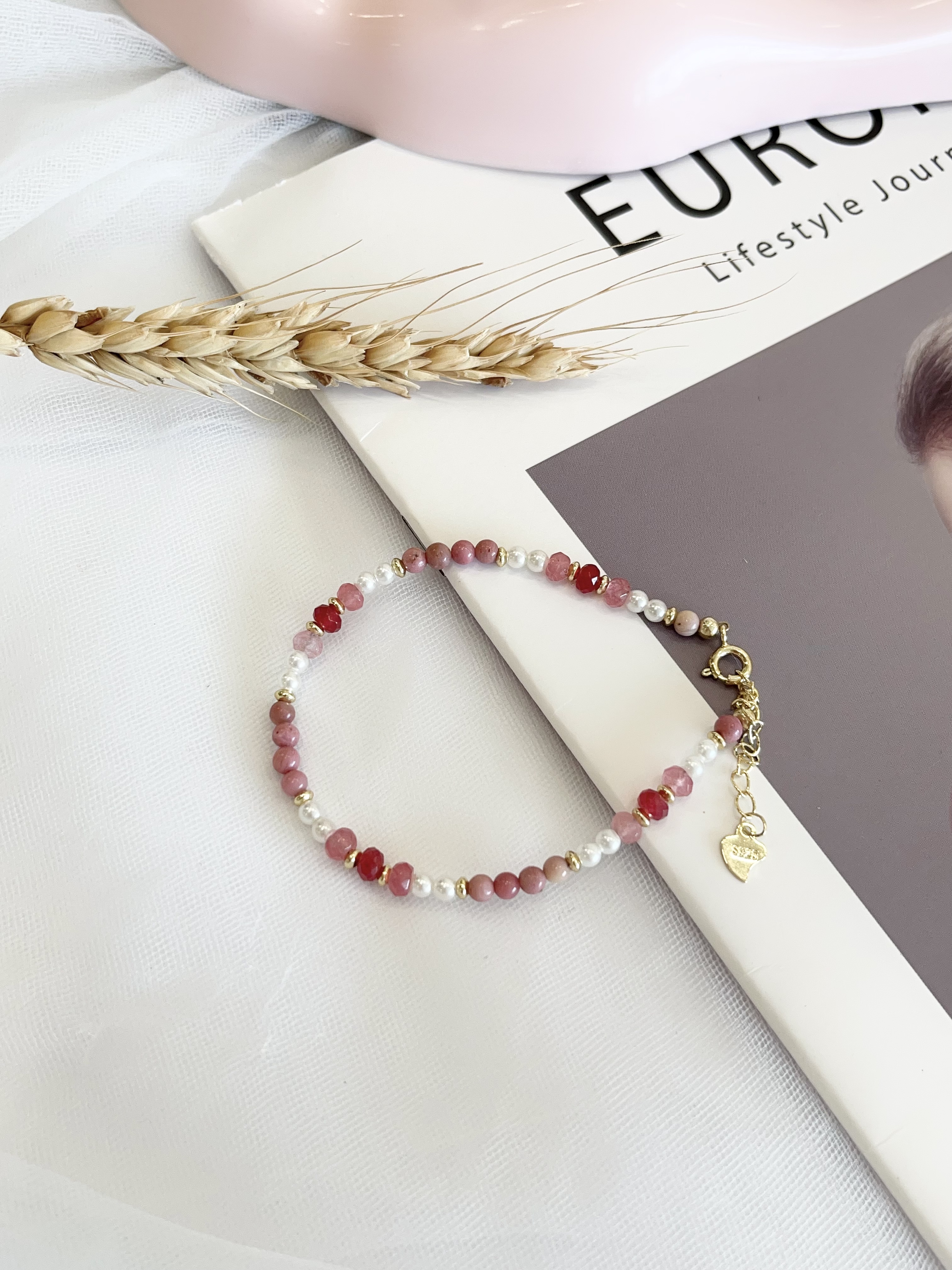 🌹 蔷薇石 × 珍珠细手链  Rose Quartz & Pearl Bracelet｜3-4mm